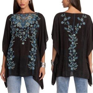 Johnny Was Rebecca Embroidered Boho Black And Blue Poncho Tunic Top L/XL Floral